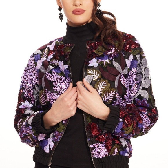 NWT! Eva Franco Vibrant Floral Embroidered Bomber Jacket - Picture 3 of 12